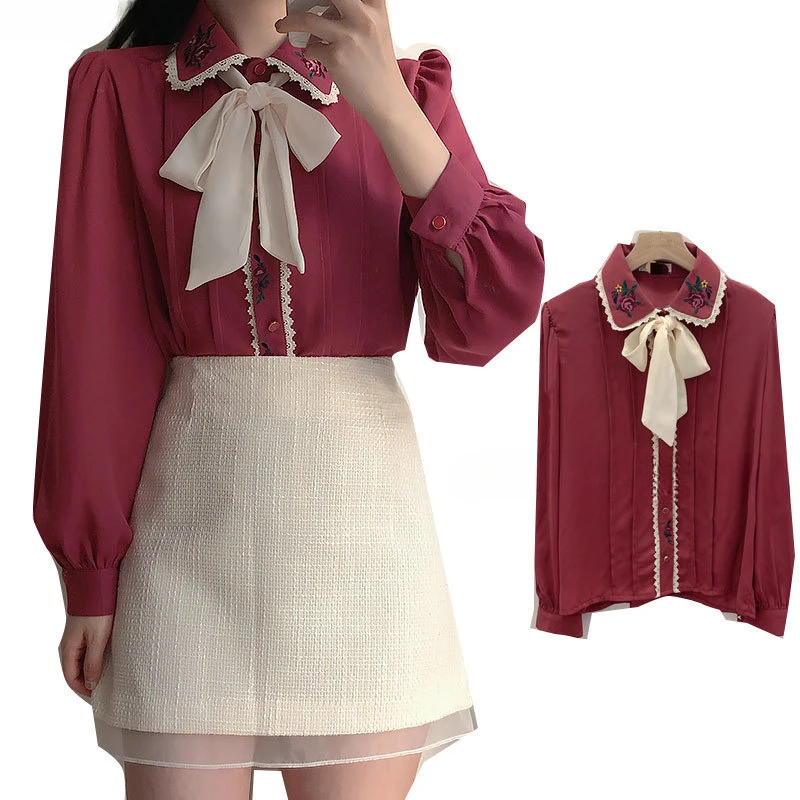 Retro Vintage Embroidery Bow T - Women Formal Wear White Shirt recension och pris
