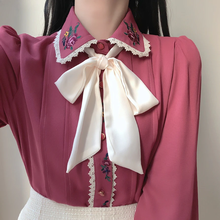 Retro Vintage Embroidery Bow T - Women Formal Wear White Shirt recension och pris