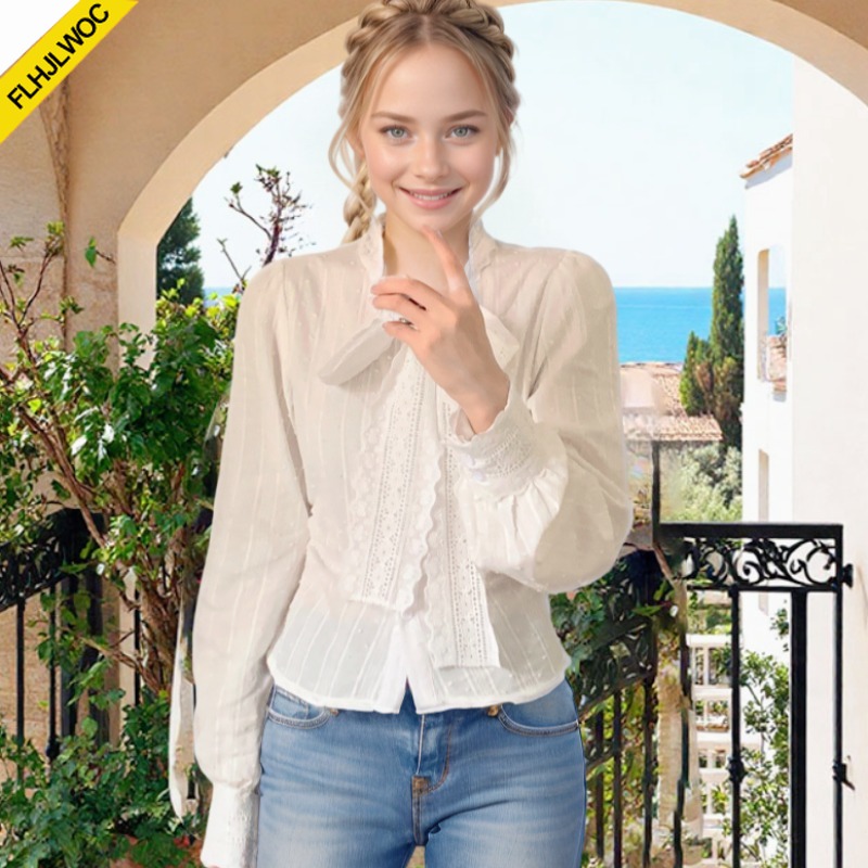 Retro Vintage Lace Bow Tie Top - Women Formal Wear White Shirt recension och pris