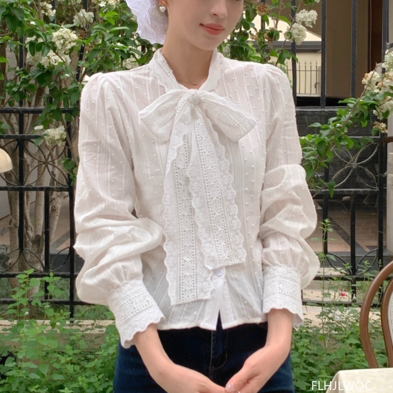 Retro Vintage Lace Bow Tie Top - Women Formal Wear White Shirt recension och pris