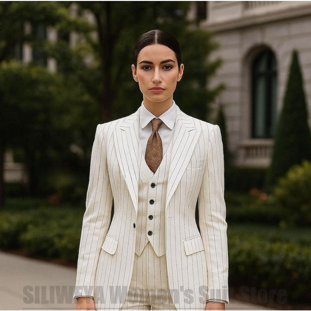 White Striped Women Suit 3 Pie - Women Formal Wear White Shirt recension och pris