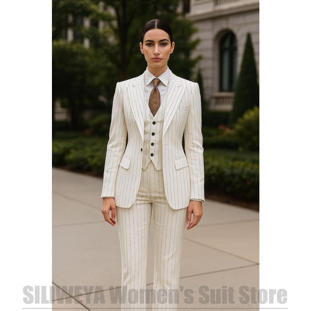 White Striped Women Suit 3 Pie - Women Formal Wear White Shirt recension och pris